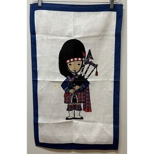 Vintage Scottish Bagpipe Linen Tea Towel Wall Hanging Kitschy Cute NEW